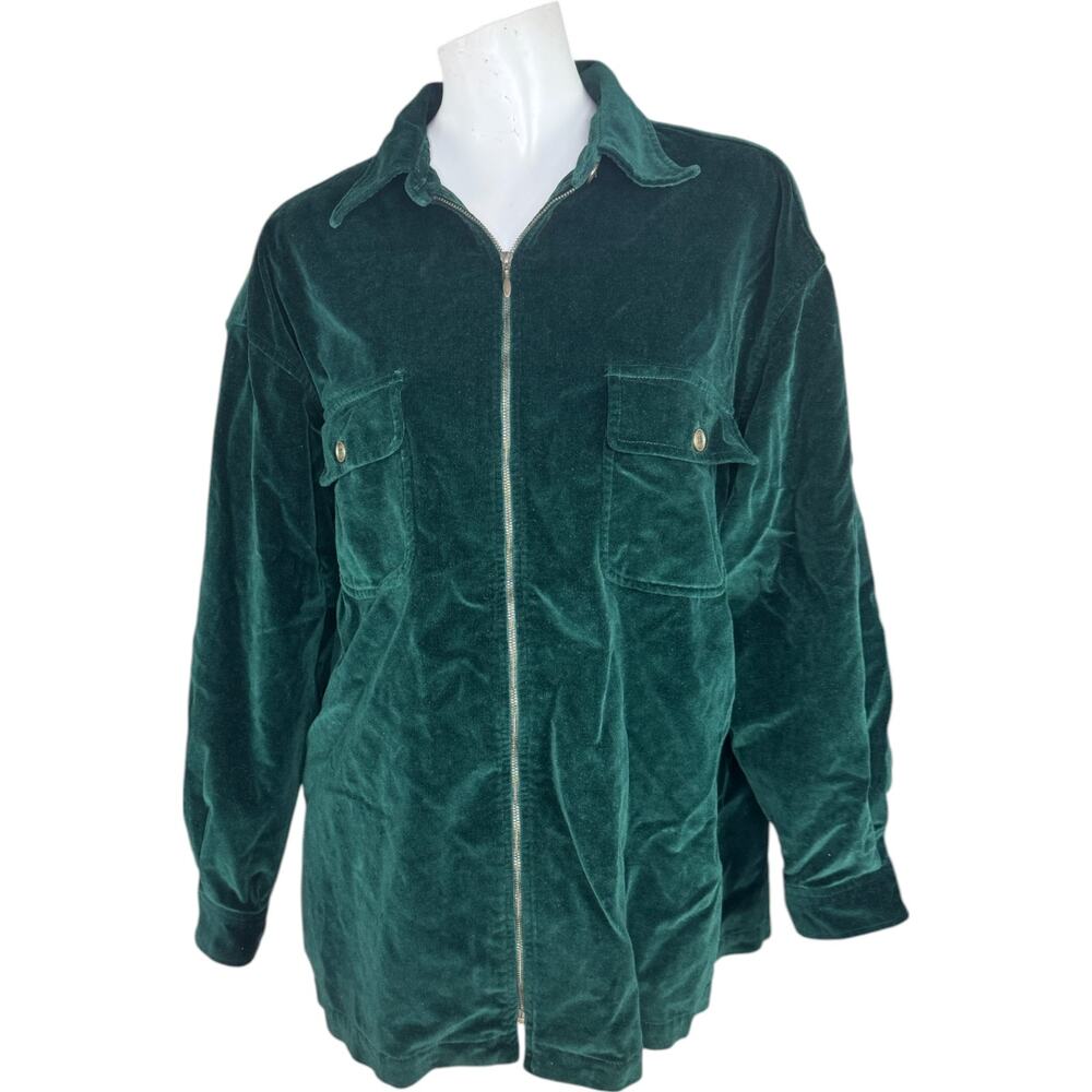Jones New York Sport Green Velour Zip Jacket Large 100% Cotton Pockets Retro